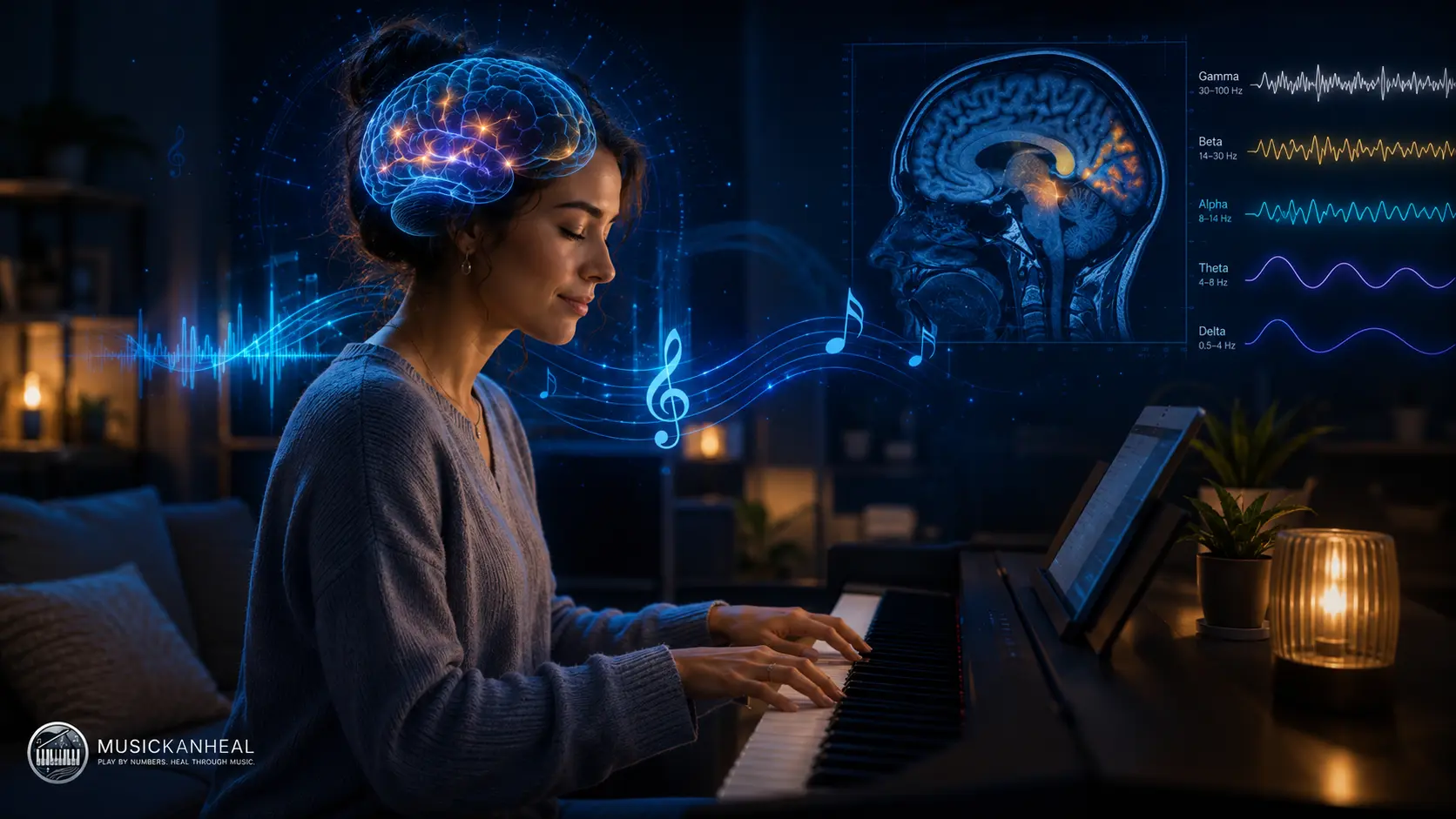 piano brain healing — brain scan showing neural activity during piano playing