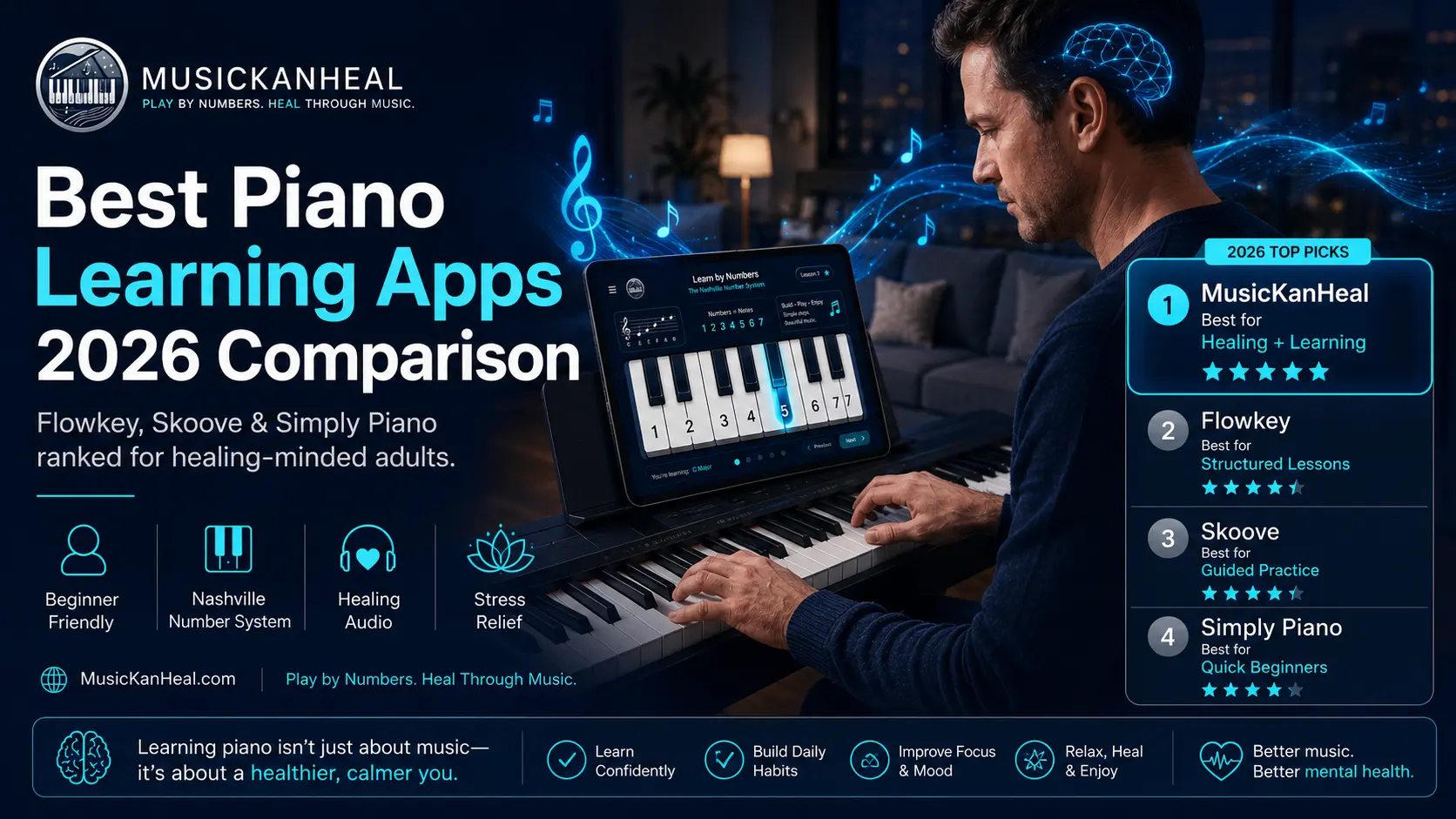 best piano learning apps 2026 comparison — Flowkey Skoove Simply Piano ranked for healing