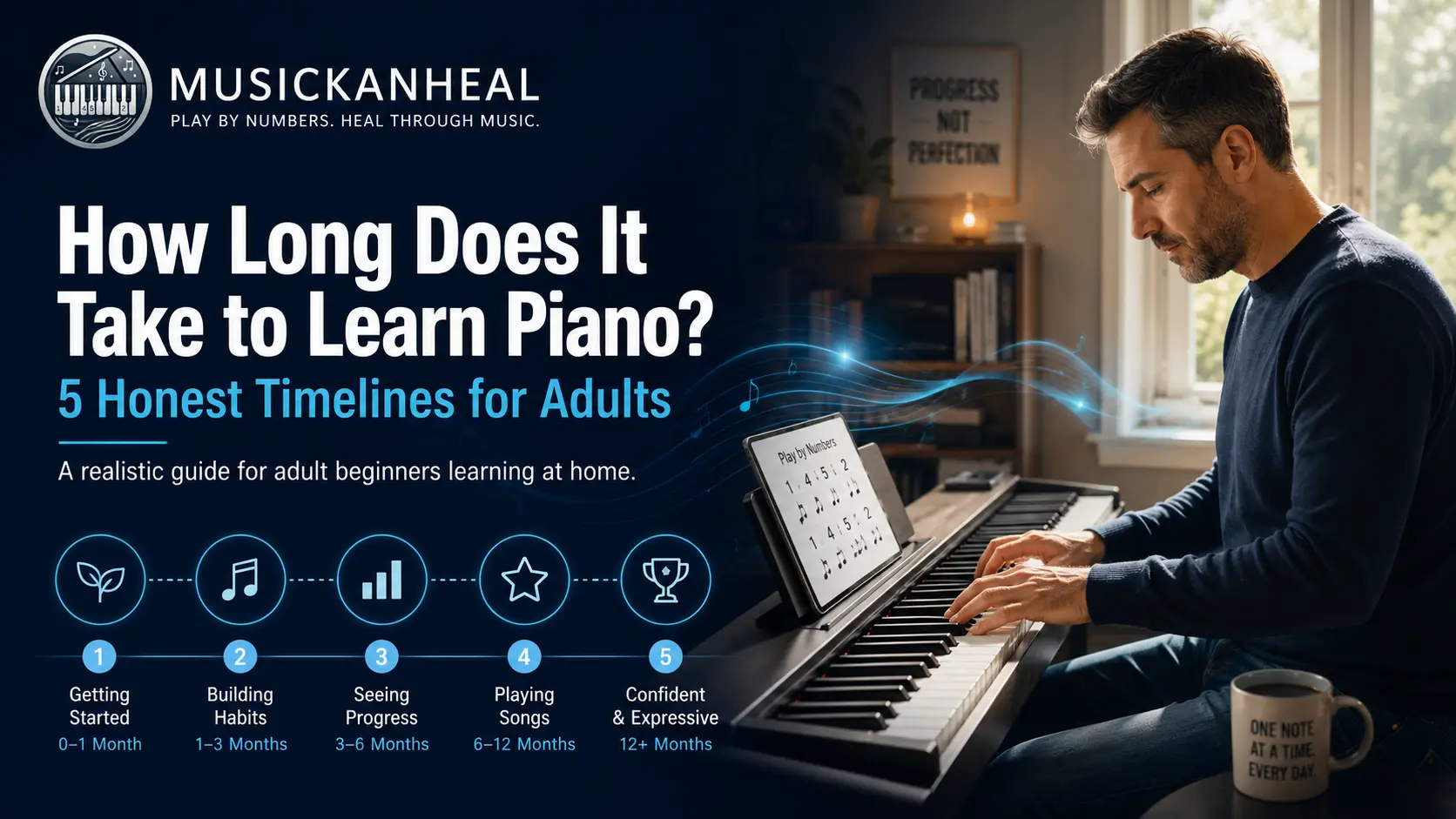 adult practicing piano to learn how long it takes to learn piano