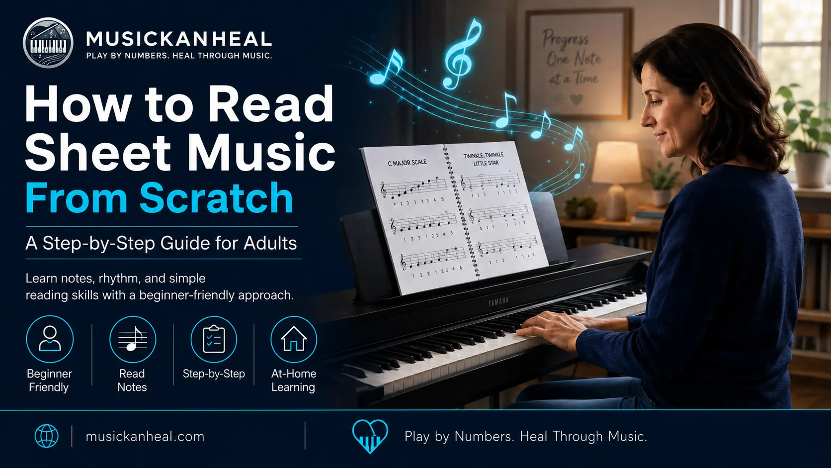 adult learning how to read sheet music from scratch at the piano