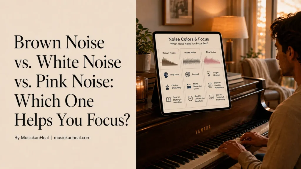 Brown noise vs. white noise vs. pink noise comparison showing which background sound improves focus, studying, and productivity.