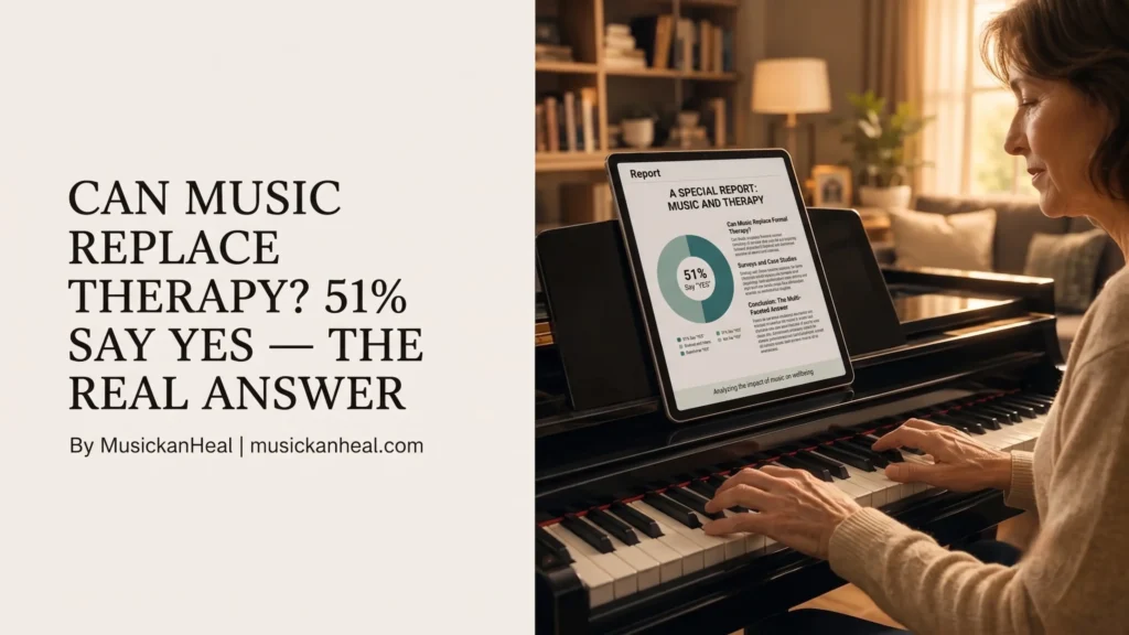 Woman playing piano next to a tablet displaying a music therapy survey pie chart.