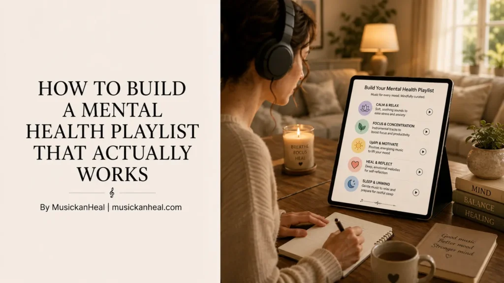 Woman with headphones writing in a notebook next to a tablet showing mental health playlist categories.