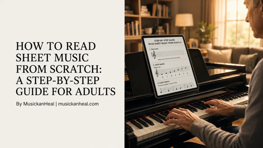Featured image for a beginner's guide explaining how to read sheet music from scratch with step-by-step lessons for adults learning piano.