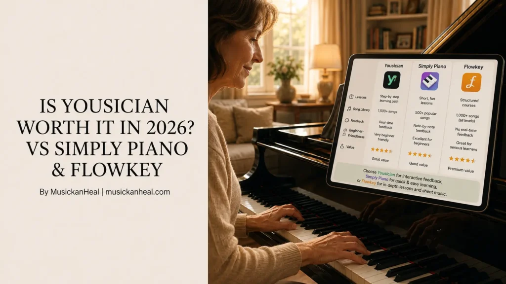 Adult pianist comparing Yousician, Simply Piano, and Flowkey on a tablet while practicing piano at home in 2026.