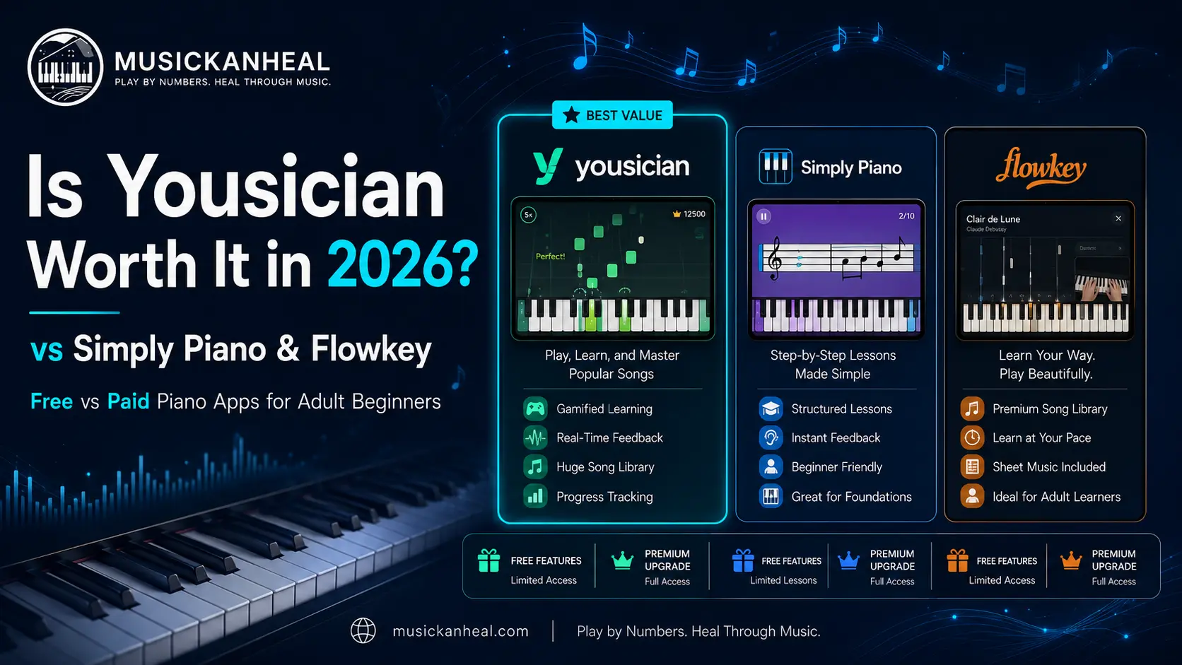 Is Yousician worth it compared to Simply Piano and Flowkey free vs paid piano apps 2026