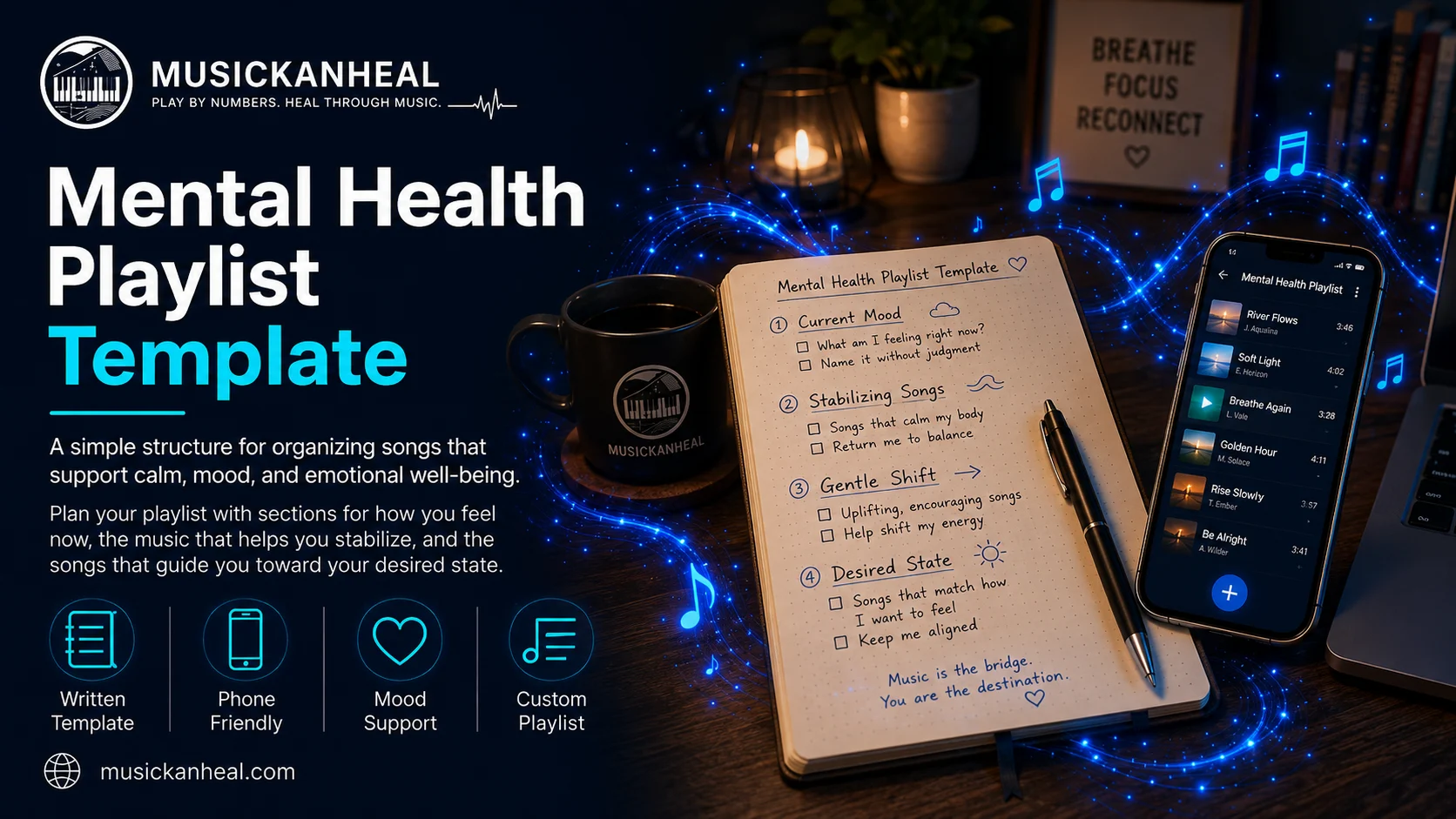 mental health playlist template written out with phone