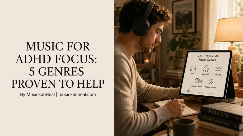 Man taking notes beside a tablet showing 5 ADHD-friendly music genres including Lo-Fi and Classical.