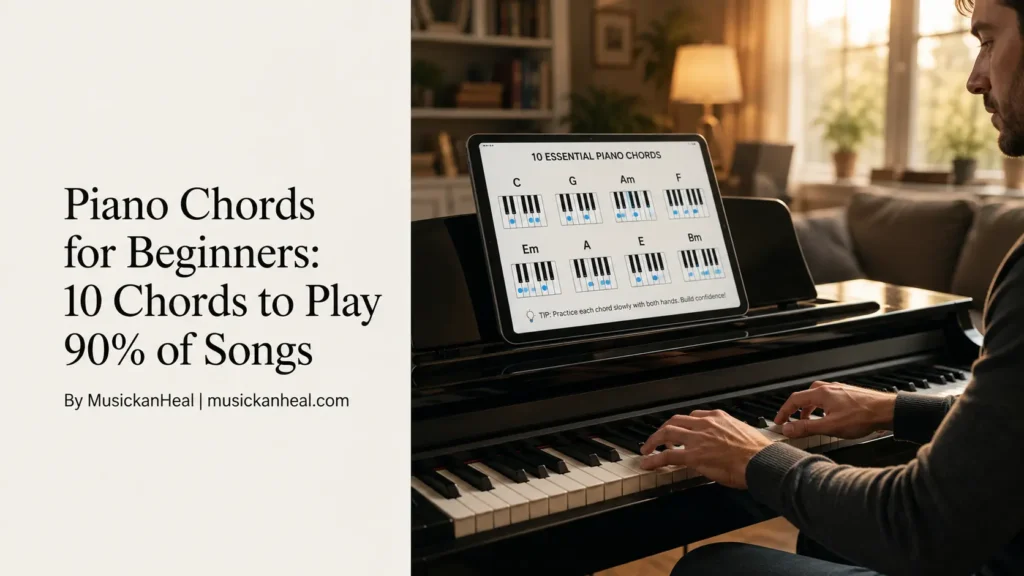 Featured image showing ten essential piano chords beginners can learn to play most popular songs on the keyboard.