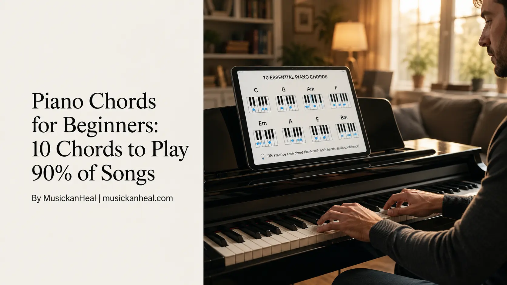 Piano chords for beginners guide showing 10 essential chords to play 90 percent of songs
