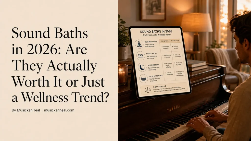 Featured image comparing the benefits of sound baths in 2026 and exploring whether sound healing is an effective wellness practice or a trend.